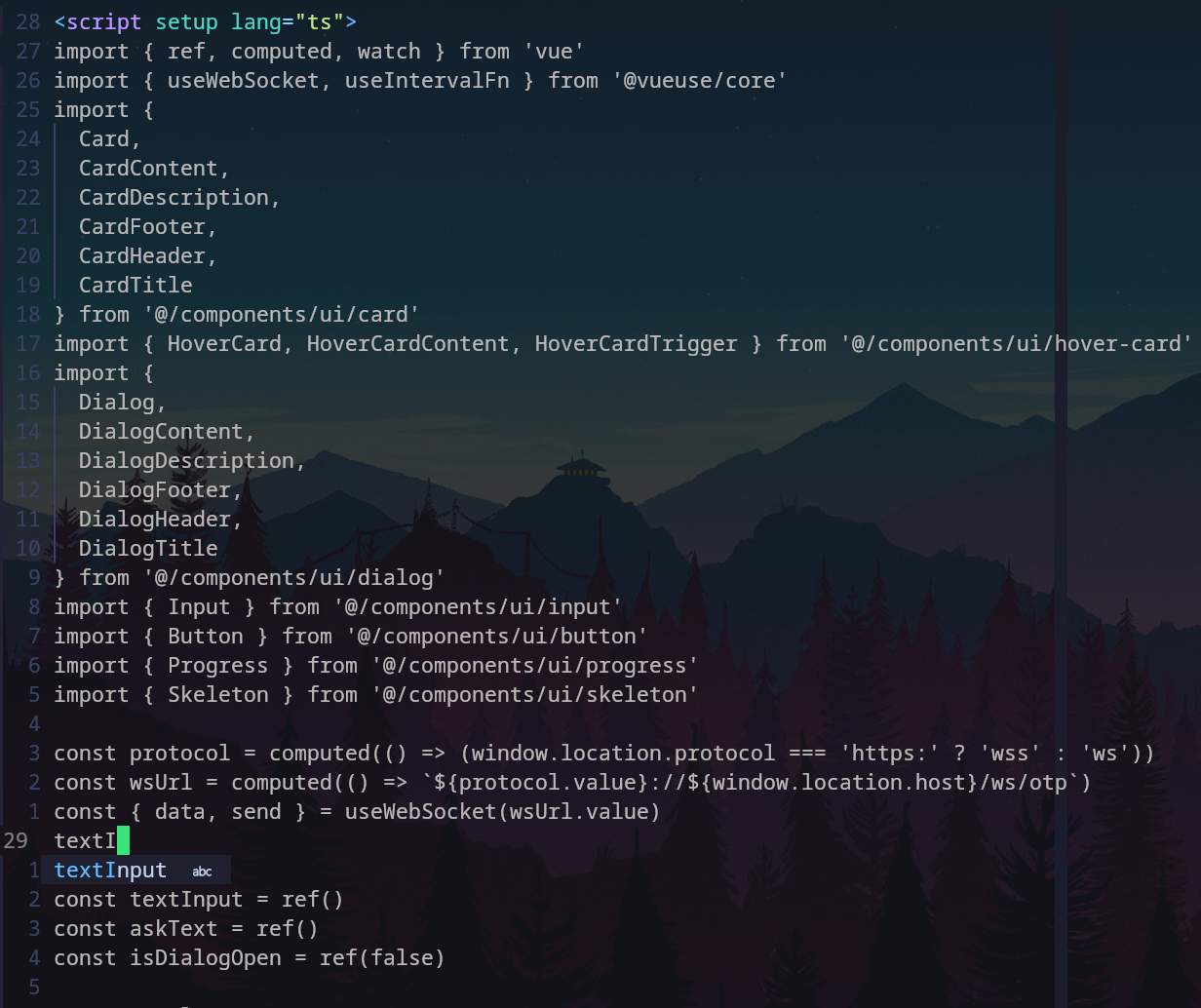 Neovim에서 Vue SFC의 script 블록이 syntax highlighting 없이 흰 글자로만 표시된 화면
