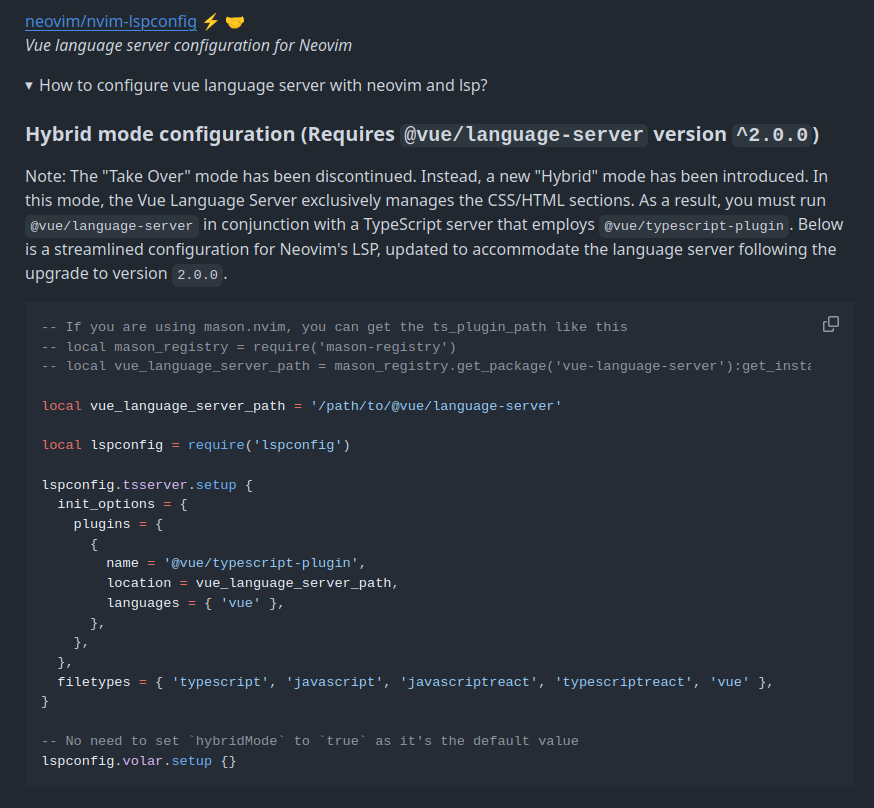 vue language-tools README의 Neovim LSP 설정 섹션과 Hybrid 모드 설정 예제
