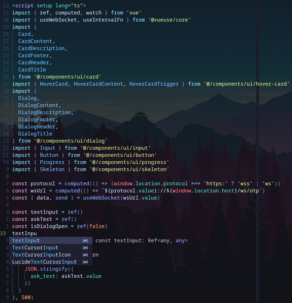 Neovim에서 Vue SFC에 syntax highlighting과 자동완성 팝업이 동작하는 화면