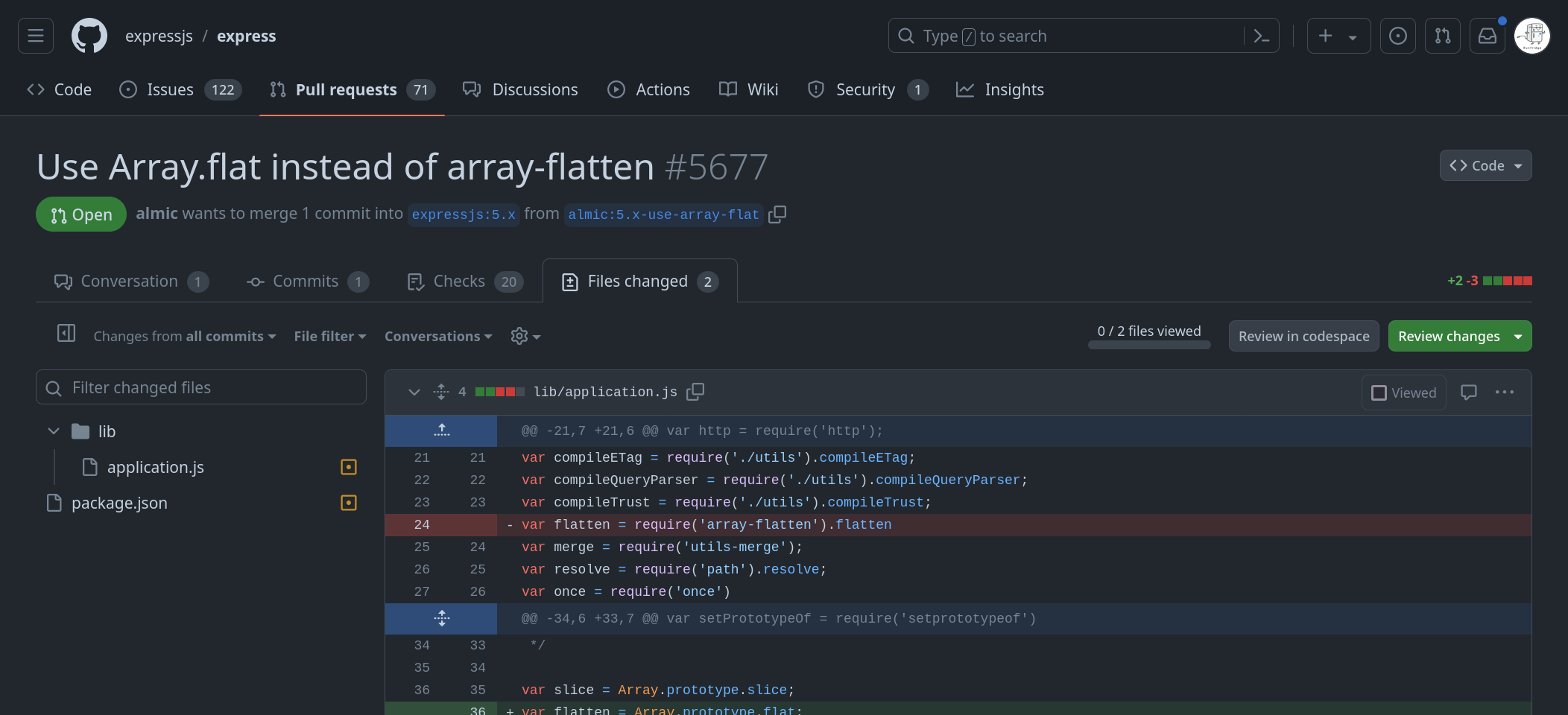 GitHub Pull Request의 Files changed 탭에서 diff를 보는 화면